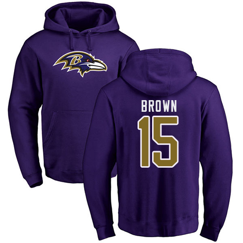 Men Baltimore Ravens Purple Marquise Brown Name and Number Logo NFL Football #15 Pullover Hoodie Sweatshirt->baltimore ravens->NFL Jersey